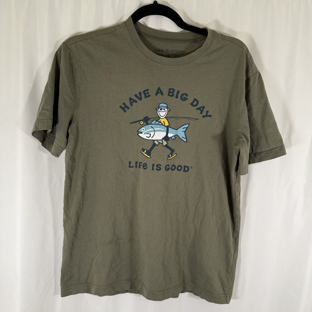 Life Is Good Shirt Men's Small Green Short Sleeve Fishing Crew Neck